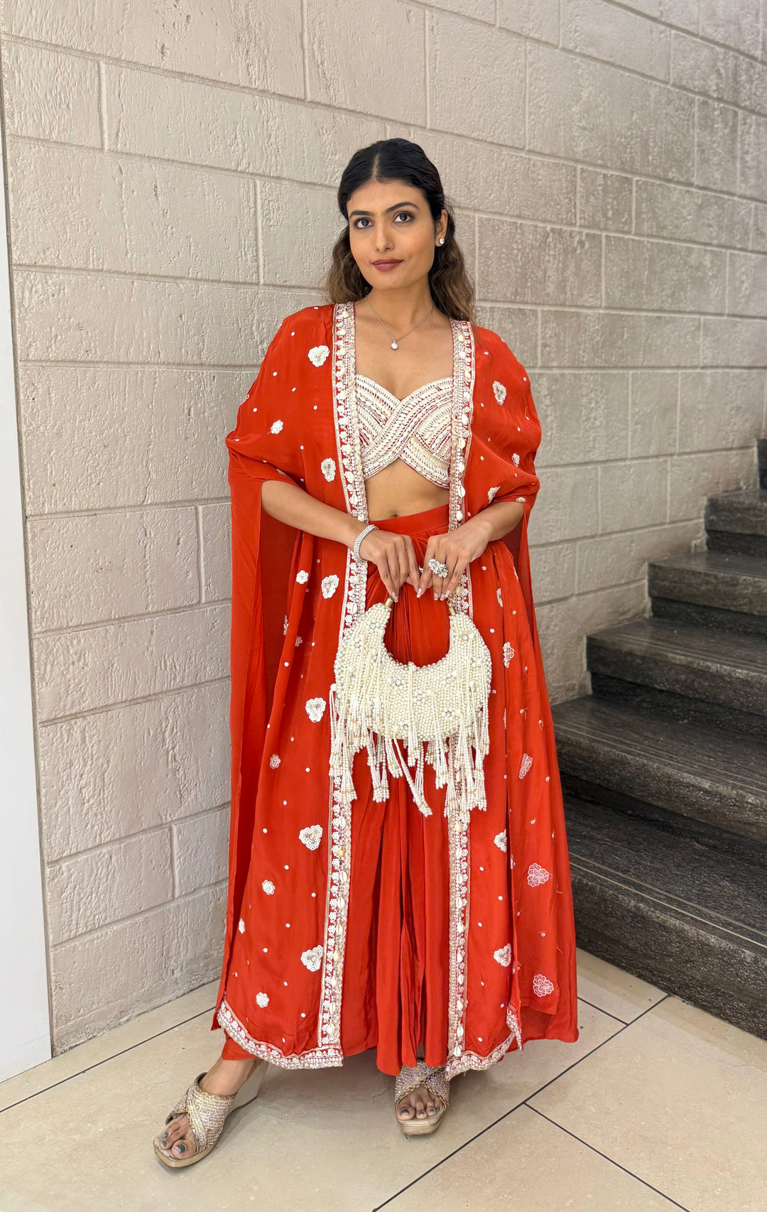 Scarlet Red Indo-Western Cape Set with Ivory Hand-Beaded Bustier