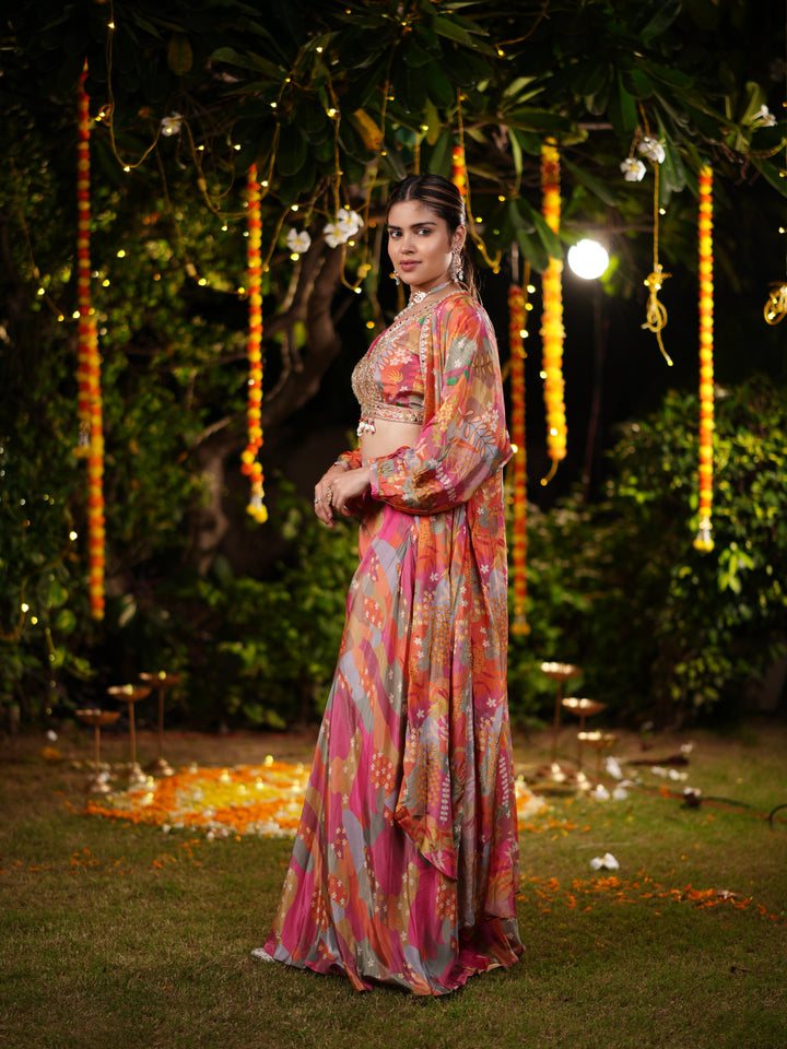 Sunset Bloom Embroidered Palazzo Suit Set with Printed Cape & Sequin Blouse