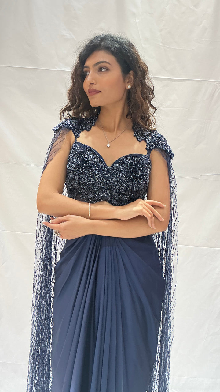 Navy Blue Indo-Western Draped  with Embroidered Cape Blouse