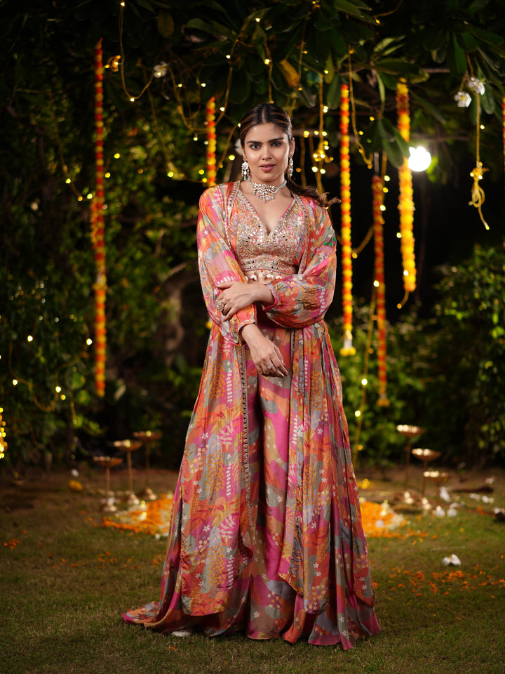 Sunset Bloom Embroidered Palazzo Suit Set with Printed Cape & Sequin Blouse