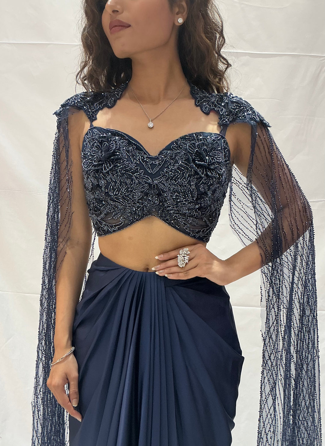 Navy Blue Indo-Western Draped  with Embroidered Cape Blouse