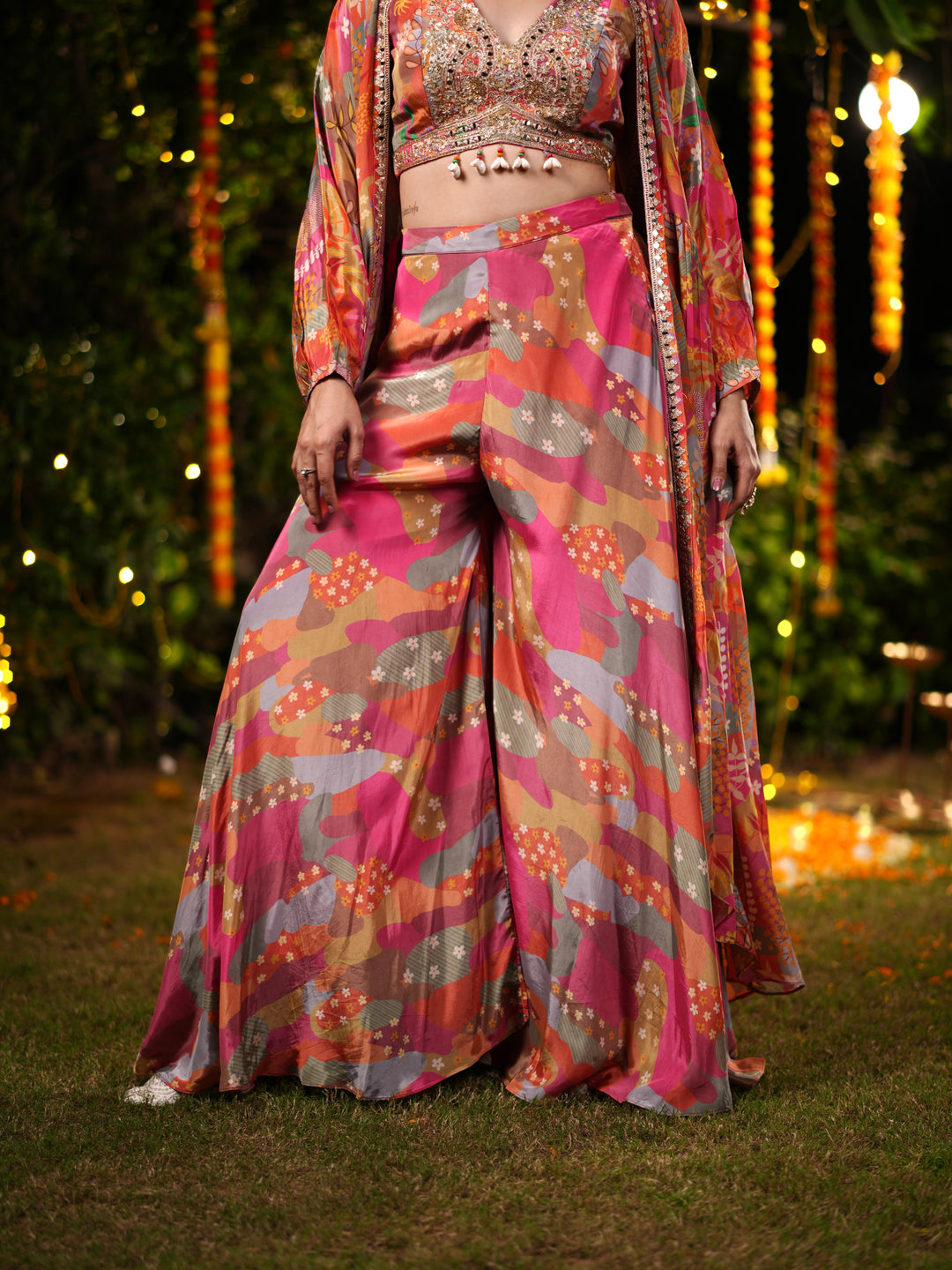 Sunset Bloom Embroidered Palazzo Suit Set with Printed Cape & Sequin Blouse