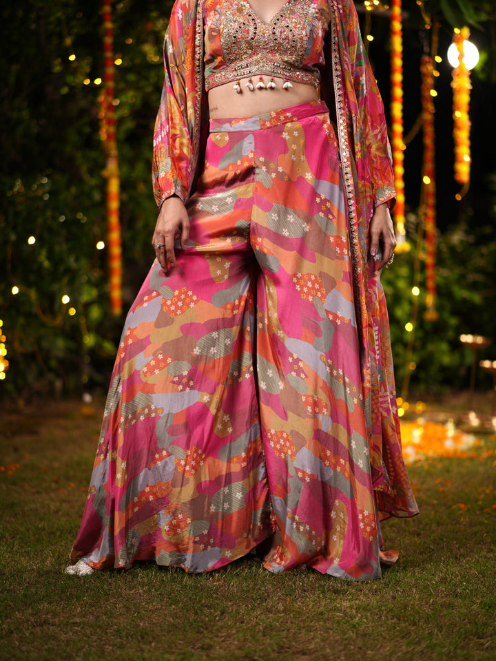 Sunset Bloom Embroidered Palazzo Suit Set with Printed Cape & Sequin Blouse