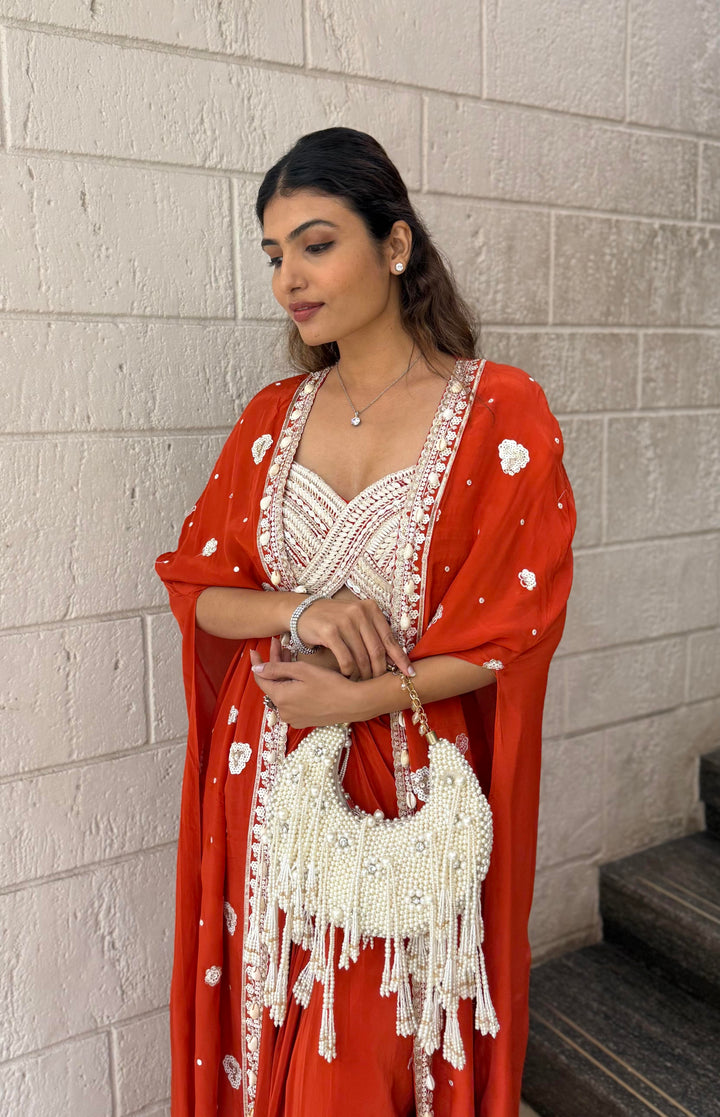 Scarlet Red Indo-Western Cape Set with Ivory Hand-Beaded Bustier