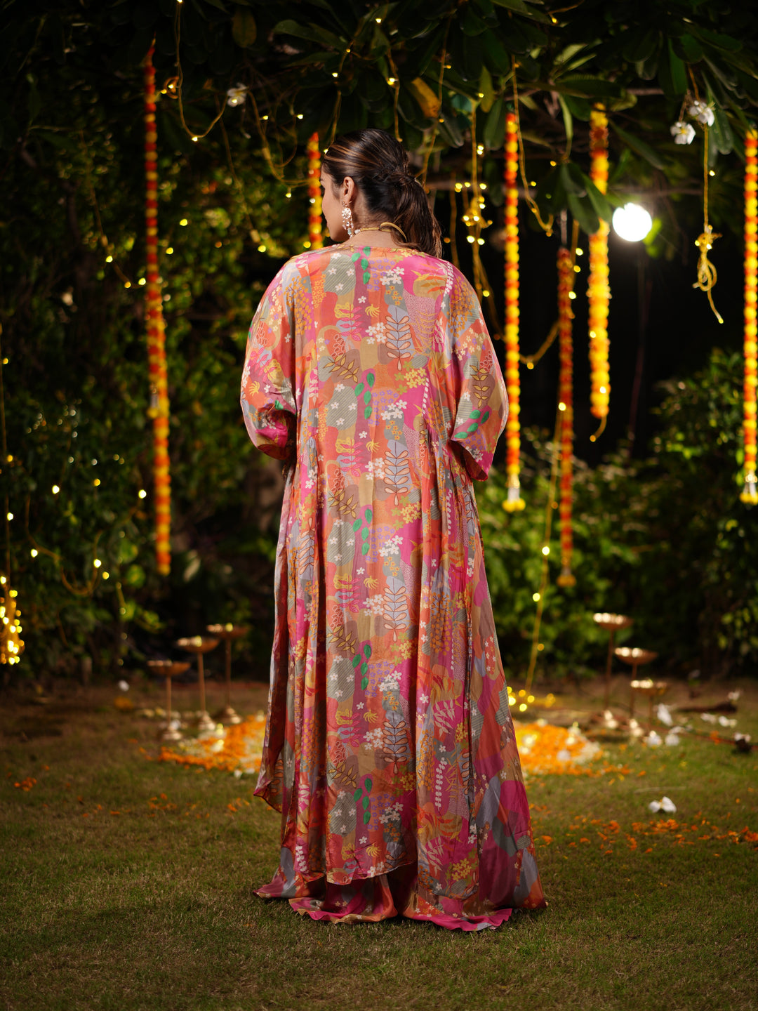 Sunset Bloom Embroidered Palazzo Suit Set with Printed Cape & Sequin Blouse