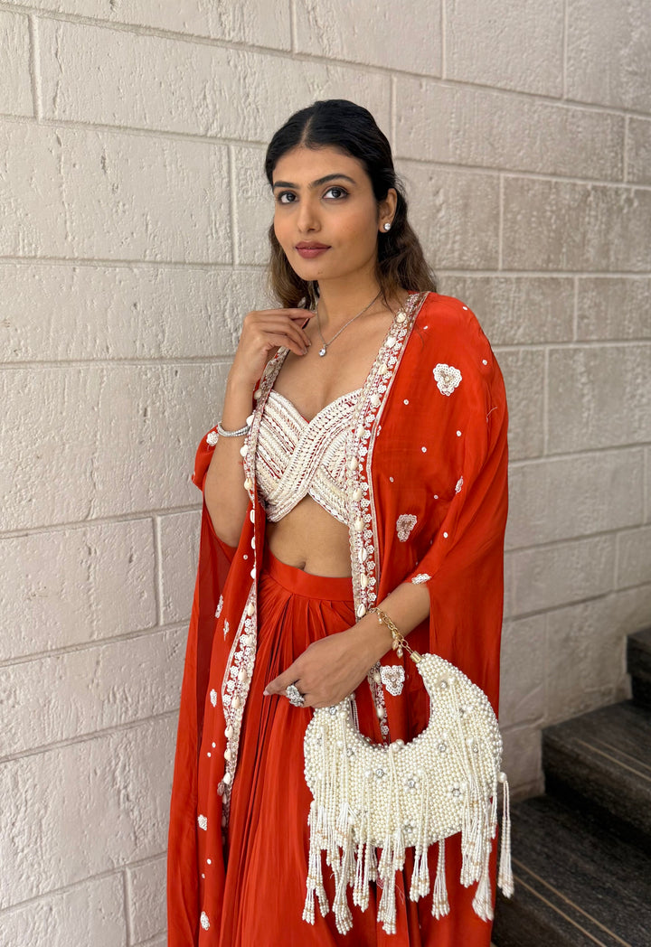 Scarlet Red Indo-Western Cape Set with Ivory Hand-Beaded Bustier