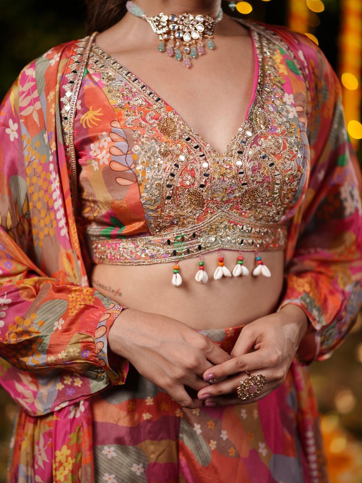 Sunset Bloom Embroidered Palazzo Suit Set with Printed Cape & Sequin Blouse