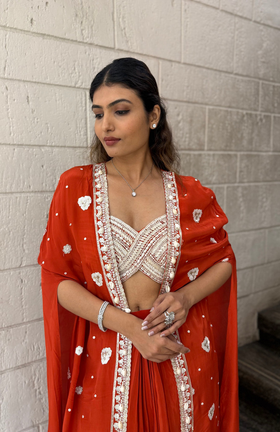 Scarlet Red Indo-Western Cape Set with Ivory Hand-Beaded Bustier