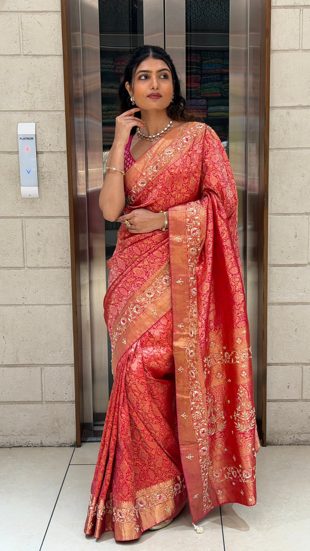 Rani Pink Banarasi Silk Saree with Zari Weaving & Embroidered Border
