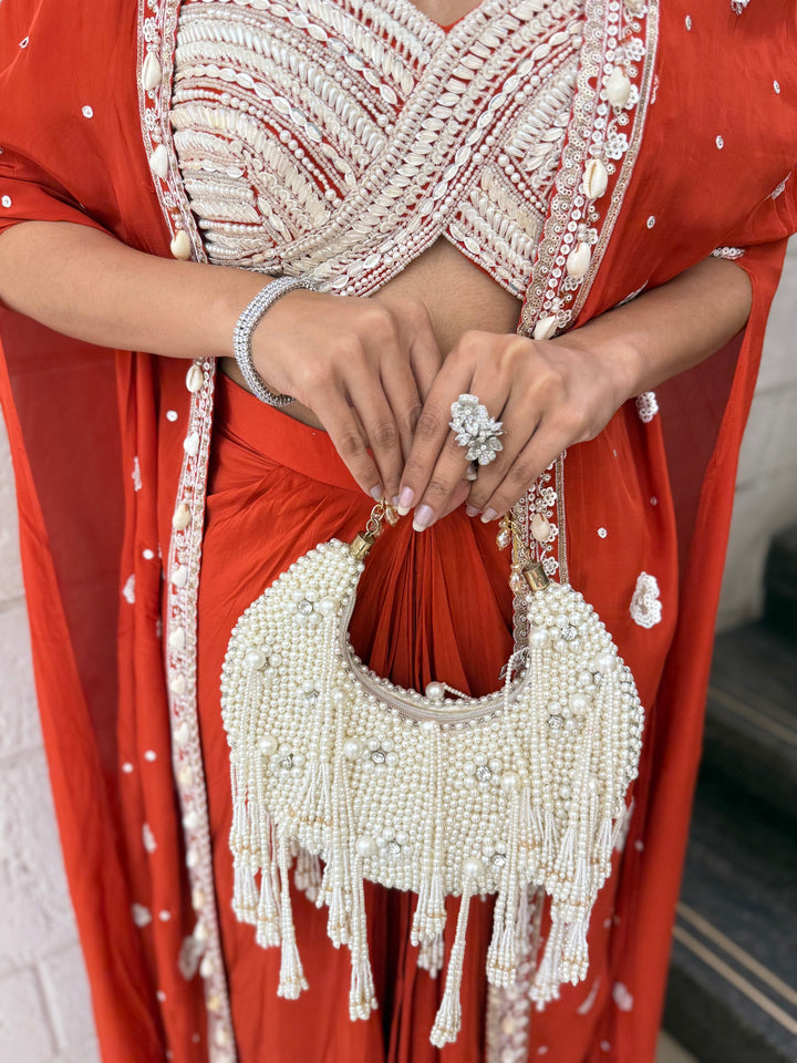 Scarlet Red Indo-Western Cape Set with Ivory Hand-Beaded Bustier