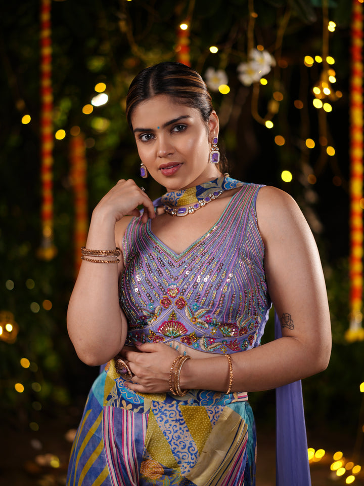 Iris Blue Multicolor Printed Palazzo Suit with Sequin Embellished Blouse & Draped Cape