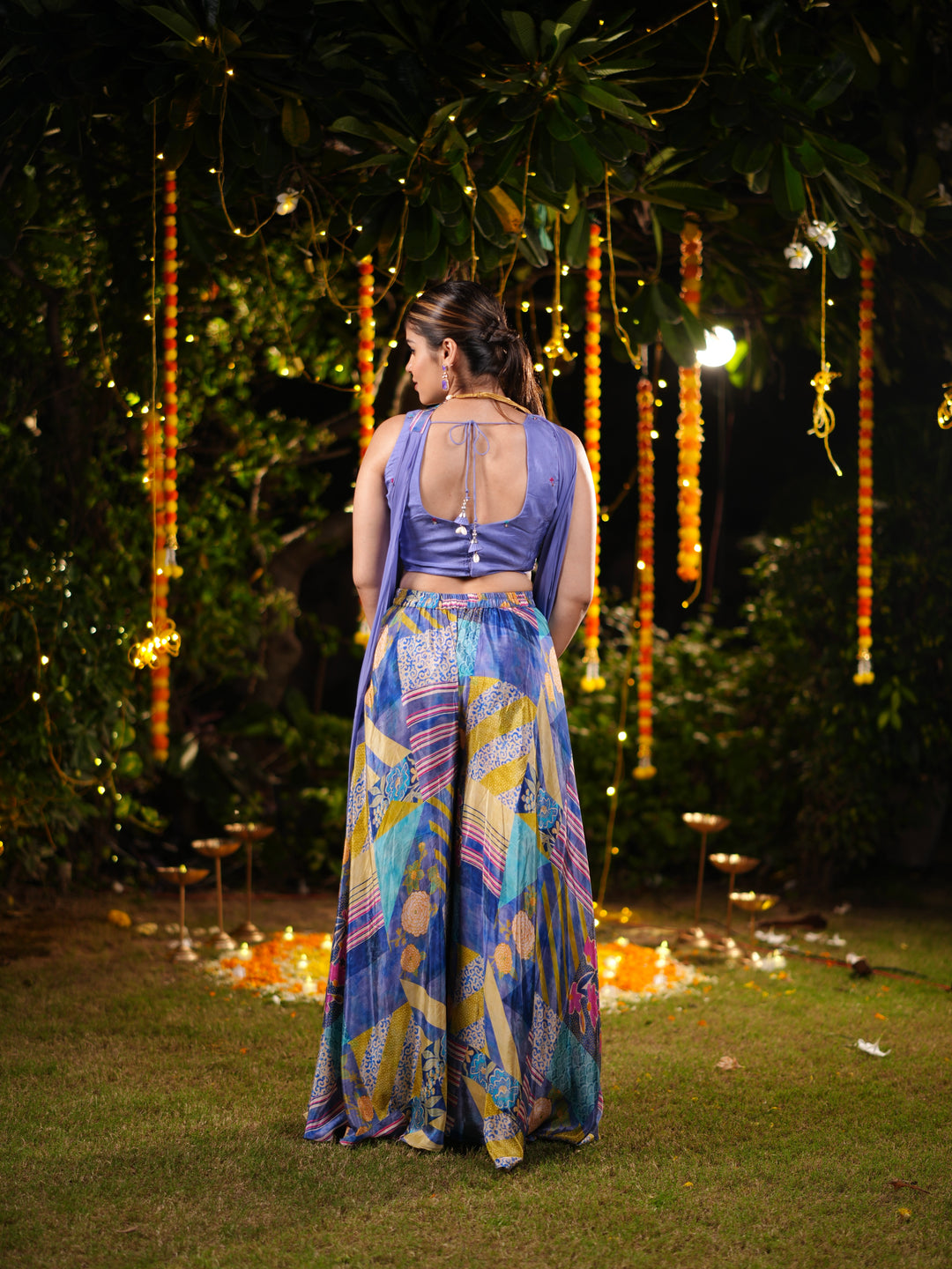 Iris Blue Multicolor Printed Palazzo Suit with Sequin Embellished Blouse & Draped Cape