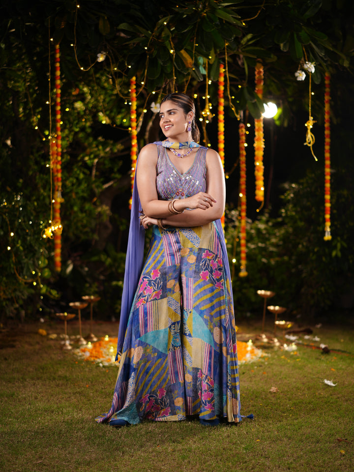 Iris Blue Multicolor Printed Palazzo Suit with Sequin Embellished Blouse & Draped Cape