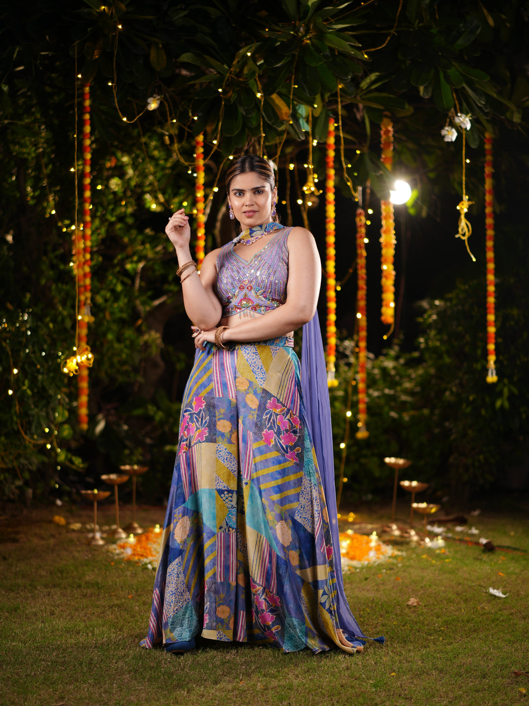 Iris Blue Multicolor Printed Palazzo Suit with Sequin Embellished Blouse & Draped Cape