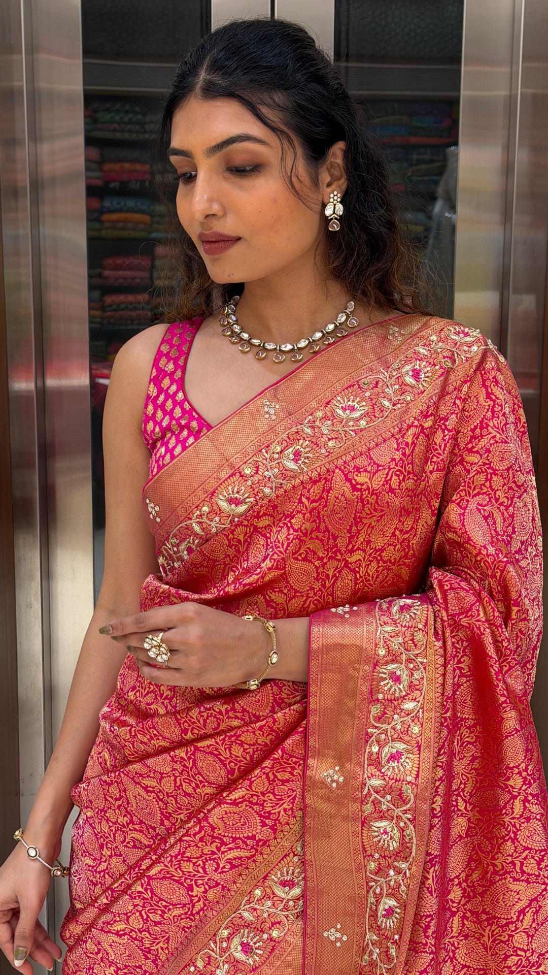 Rani Pink Banarasi Silk Saree with Zari Weaving & Embroidered Border