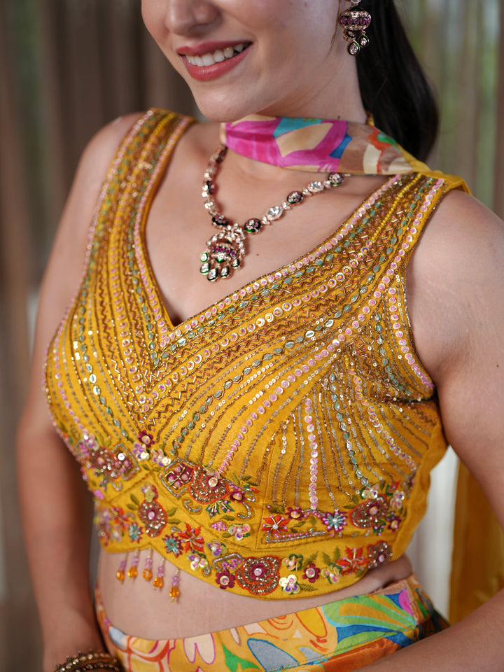 Sunshine Bloom Yellow Embroidered Palazzo Suit with Floral Print Pants & Sequin Crop To