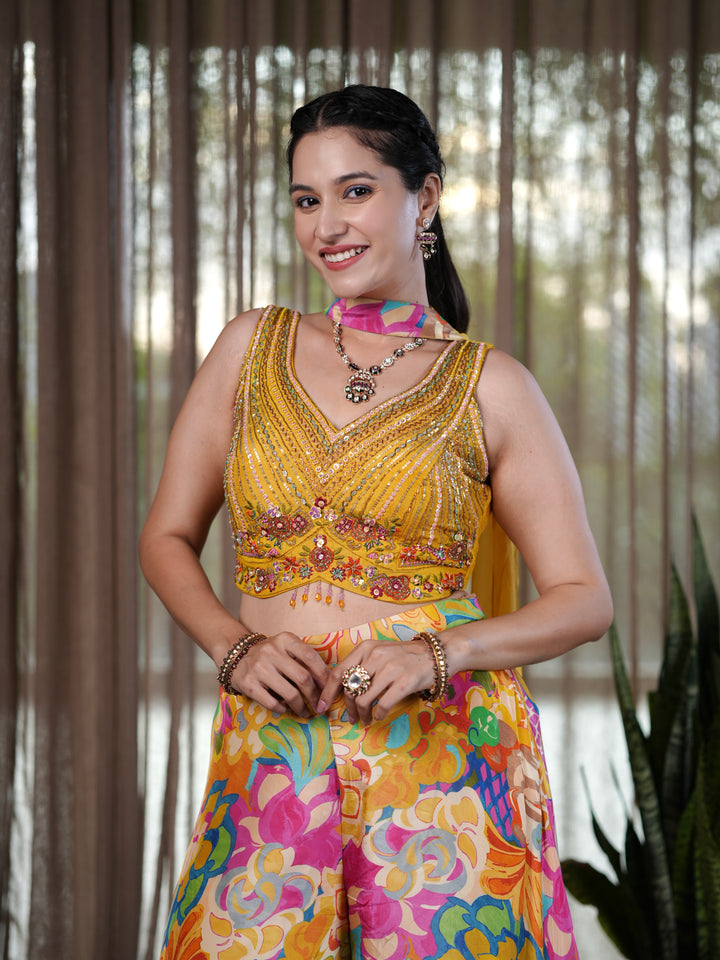 Sunshine Bloom Yellow Embroidered Palazzo Suit with Floral Print Pants & Sequin Crop To