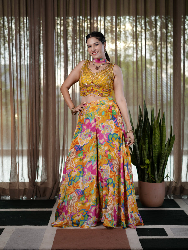 Sunshine Bloom Yellow Embroidered Palazzo Suit with Floral Print Pants & Sequin Crop To