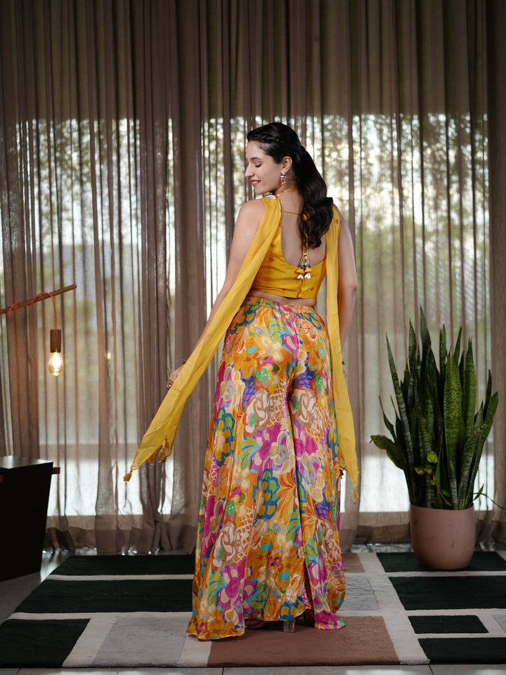 Sunshine Bloom Yellow Embroidered Palazzo Suit with Floral Print Pants & Sequin Crop To