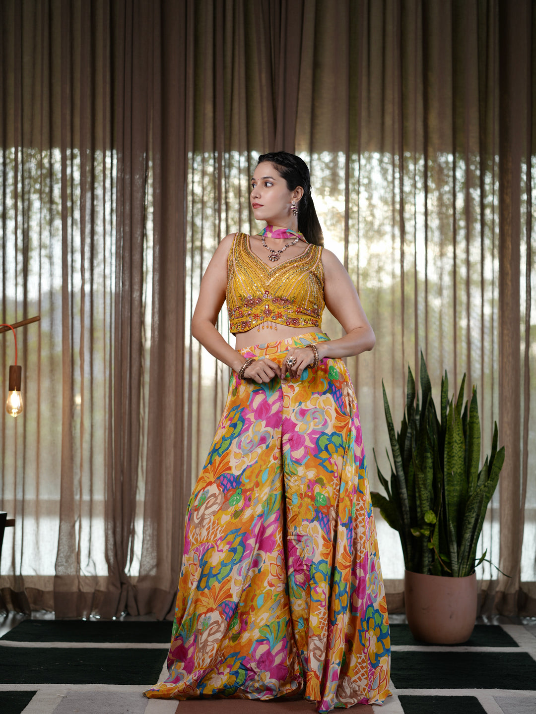 Sunshine Bloom Yellow Embroidered Palazzo Suit with Floral Print Pants & Sequin Crop To