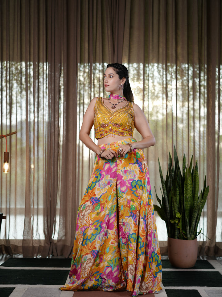 Sunshine Bloom Yellow Embroidered Palazzo Suit with Floral Print Pants & Sequin Crop To