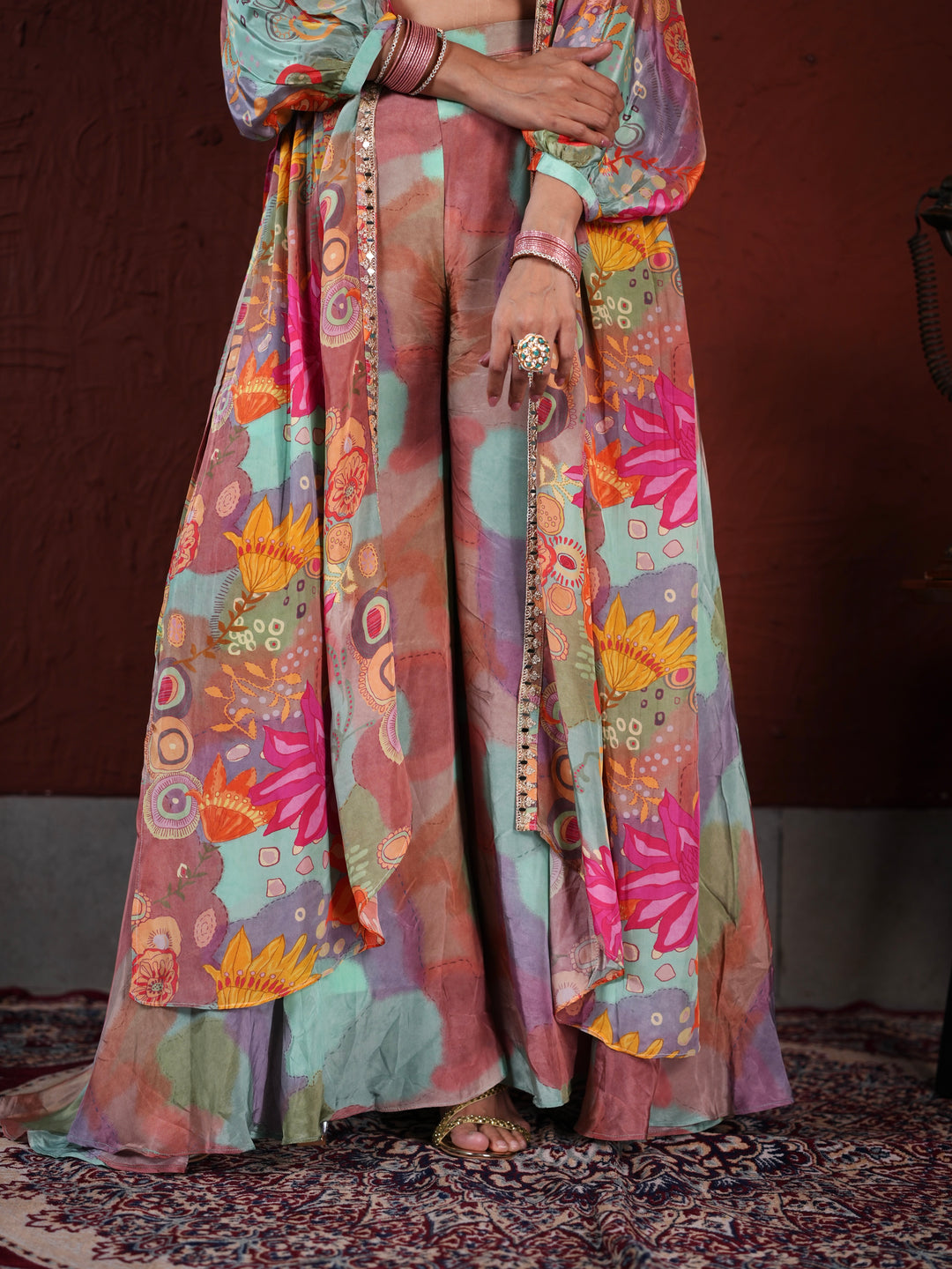Pastel Harmony Embellished Palazzo Suit with Printed Cape & Sequin Blouse