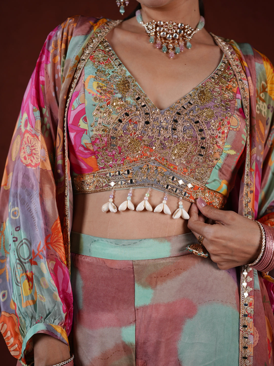 Pastel Harmony Embellished Palazzo Suit with Printed Cape & Sequin Blouse