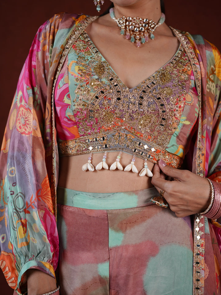 Pastel Harmony Embellished Palazzo Suit with Printed Cape & Sequin Blouse