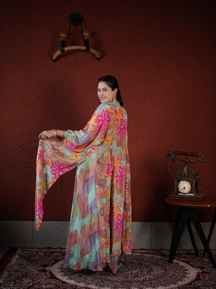 Pastel Harmony Embellished Palazzo Suit with Printed Cape & Sequin Blouse