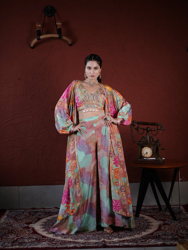 Pastel Harmony Embellished Palazzo Suit with Printed Cape & Sequin Blouse