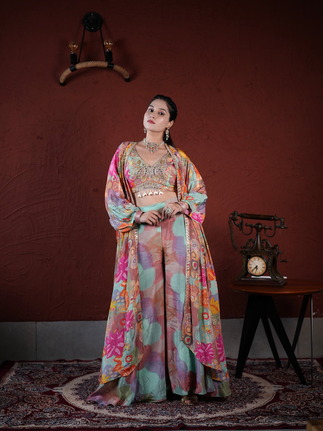 Pastel Harmony Embellished Palazzo Suit with Printed Cape & Sequin Blouse