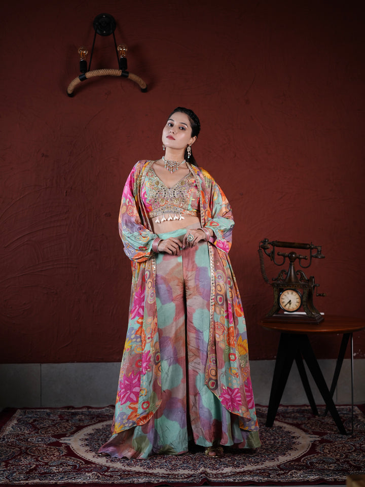 Pastel Harmony Embellished Palazzo Suit with Printed Cape & Sequin Blouse