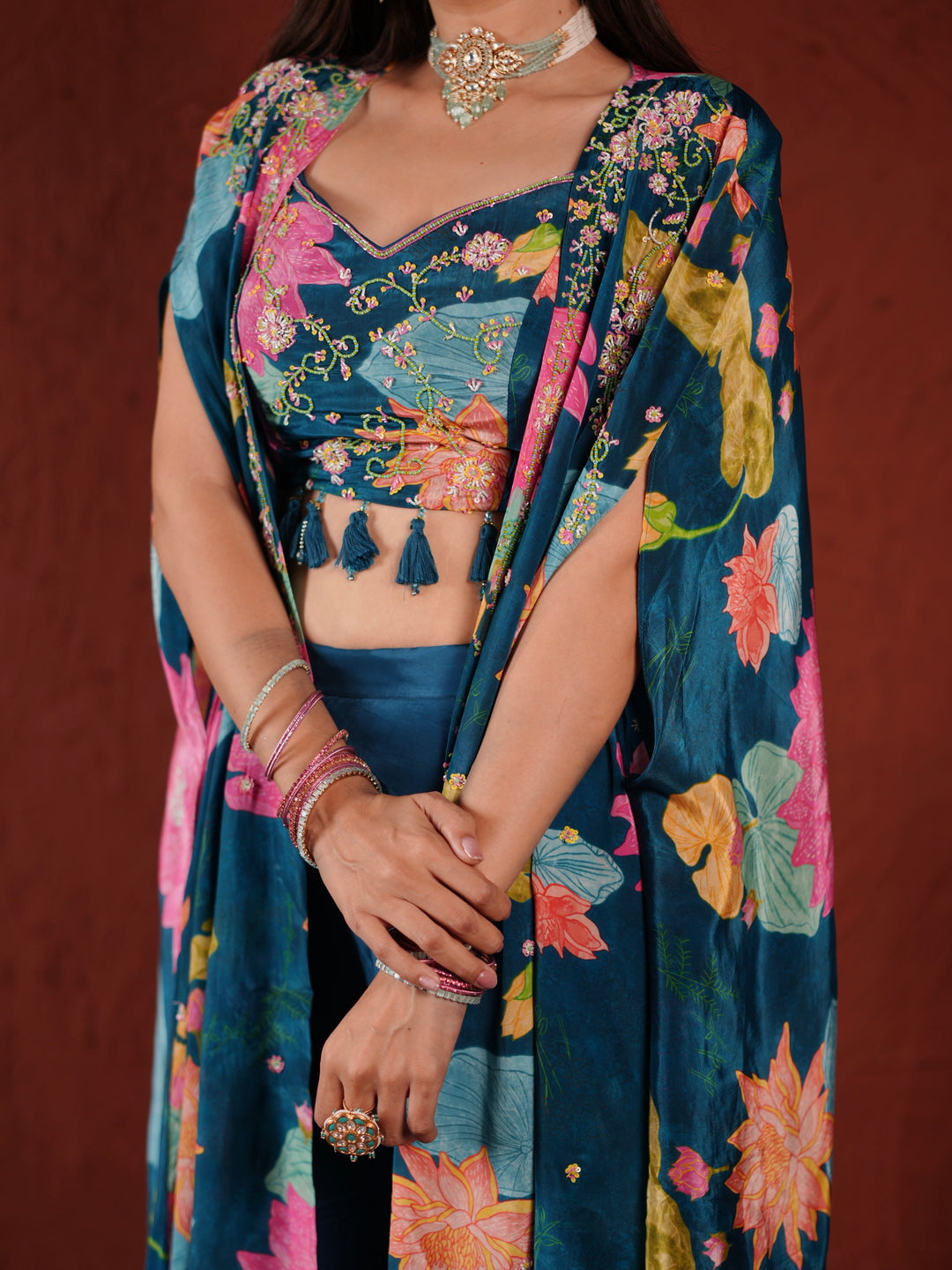 Midnight Bloom Blue Embroidered Palazzo Suit with Printed Cape & Tassel Blouse