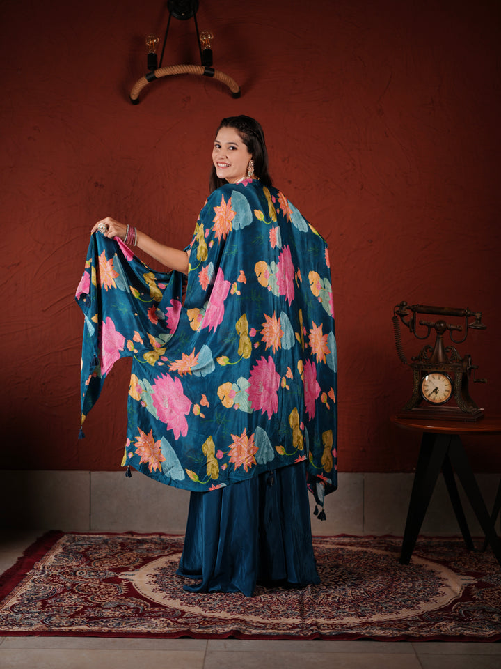 Midnight Bloom Blue Embroidered Palazzo Suit with Printed Cape & Tassel Blouse