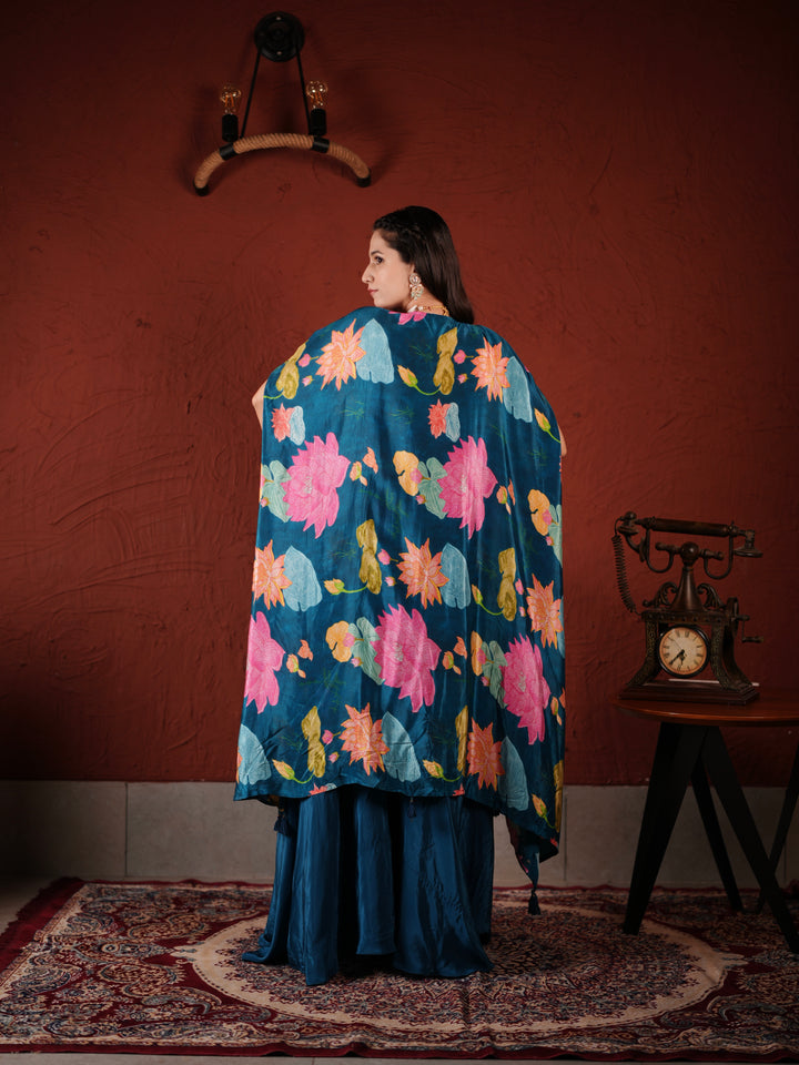Midnight Bloom Blue Embroidered Palazzo Suit with Printed Cape & Tassel Blouse