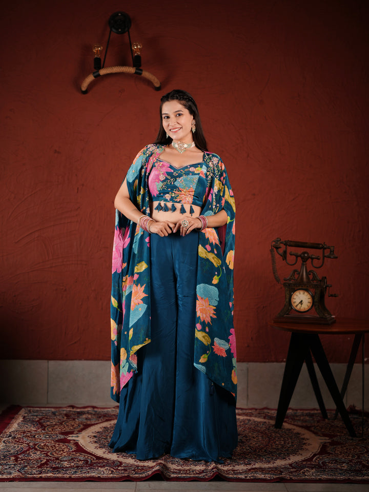 Midnight Bloom Blue Embroidered Palazzo Suit with Printed Cape & Tassel Blouse