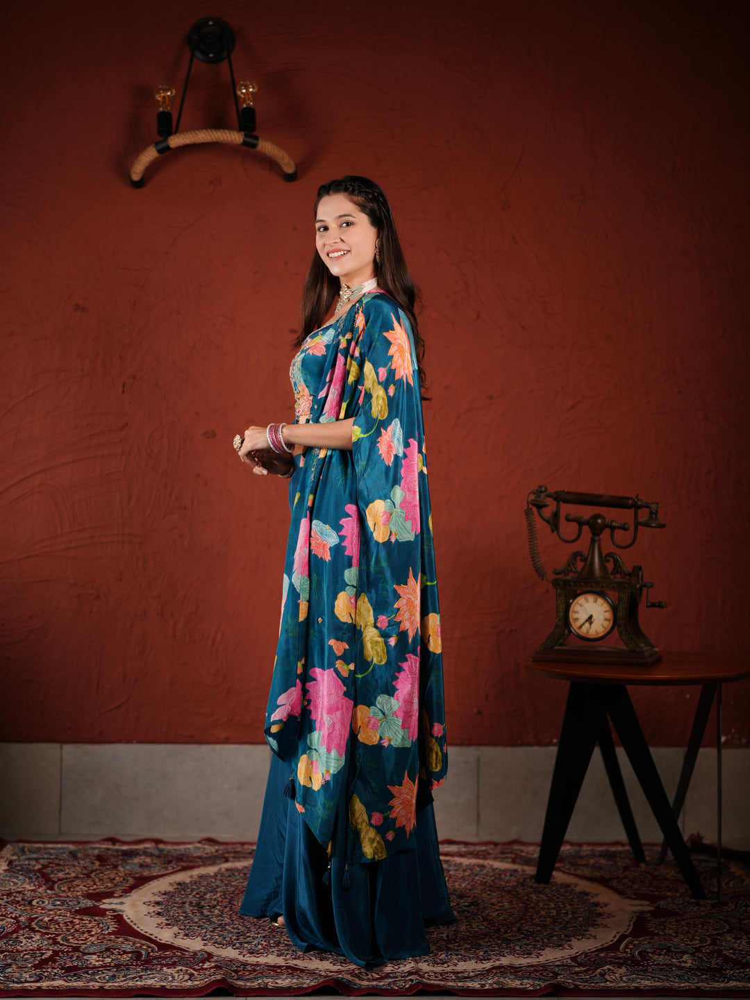 Midnight Bloom Blue Embroidered Palazzo Suit with Printed Cape & Tassel Blouse