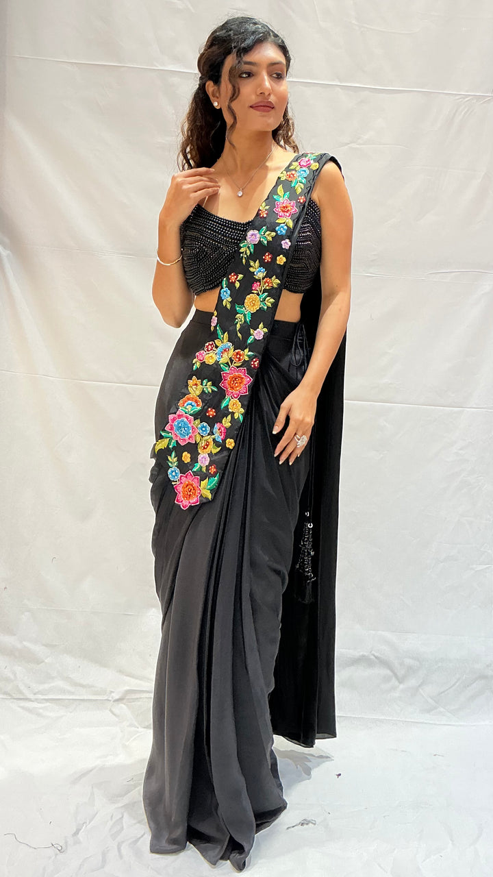 Classic Black Multicolor Floral Embroidered Designer Saree