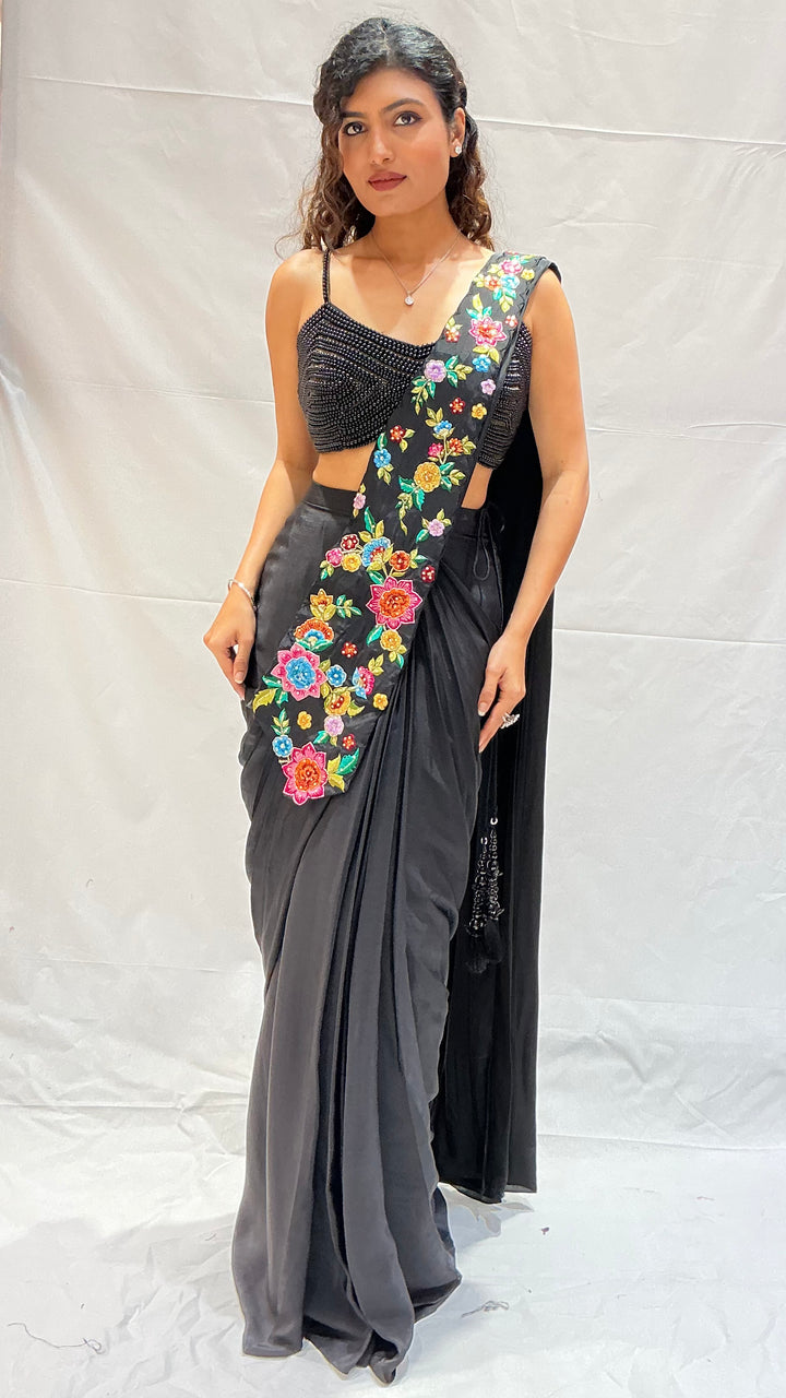 Classic Black Multicolor Floral Embroidered Designer Saree