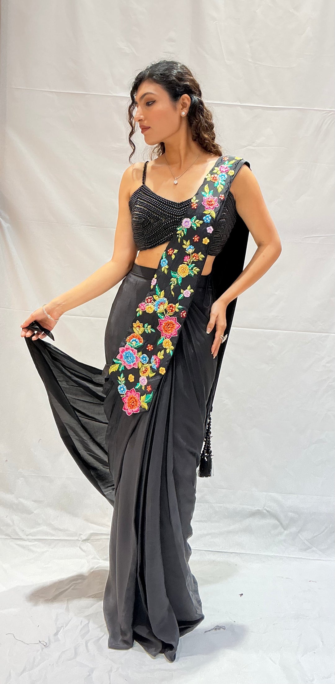 Classic Black Multicolor Floral Embroidered Designer Saree