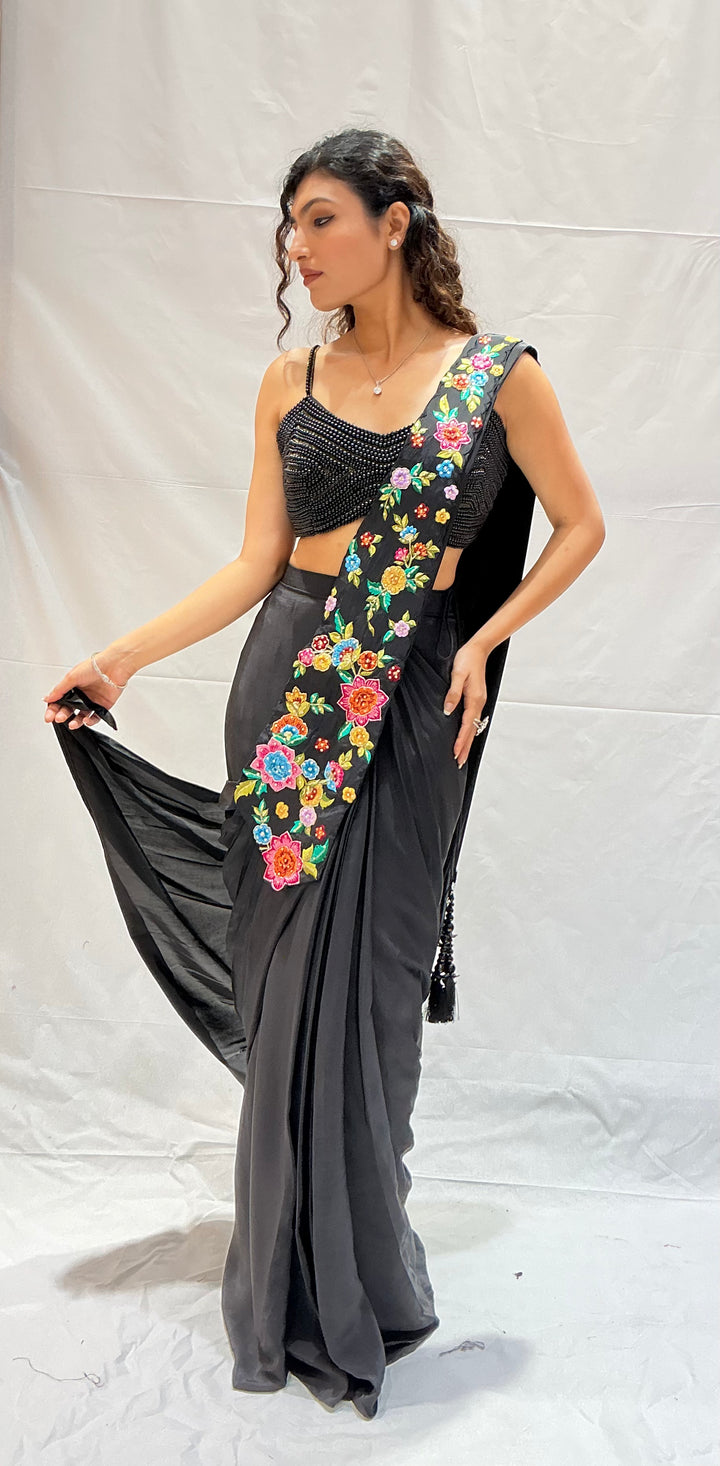 Classic Black Multicolor Floral Embroidered Designer Saree