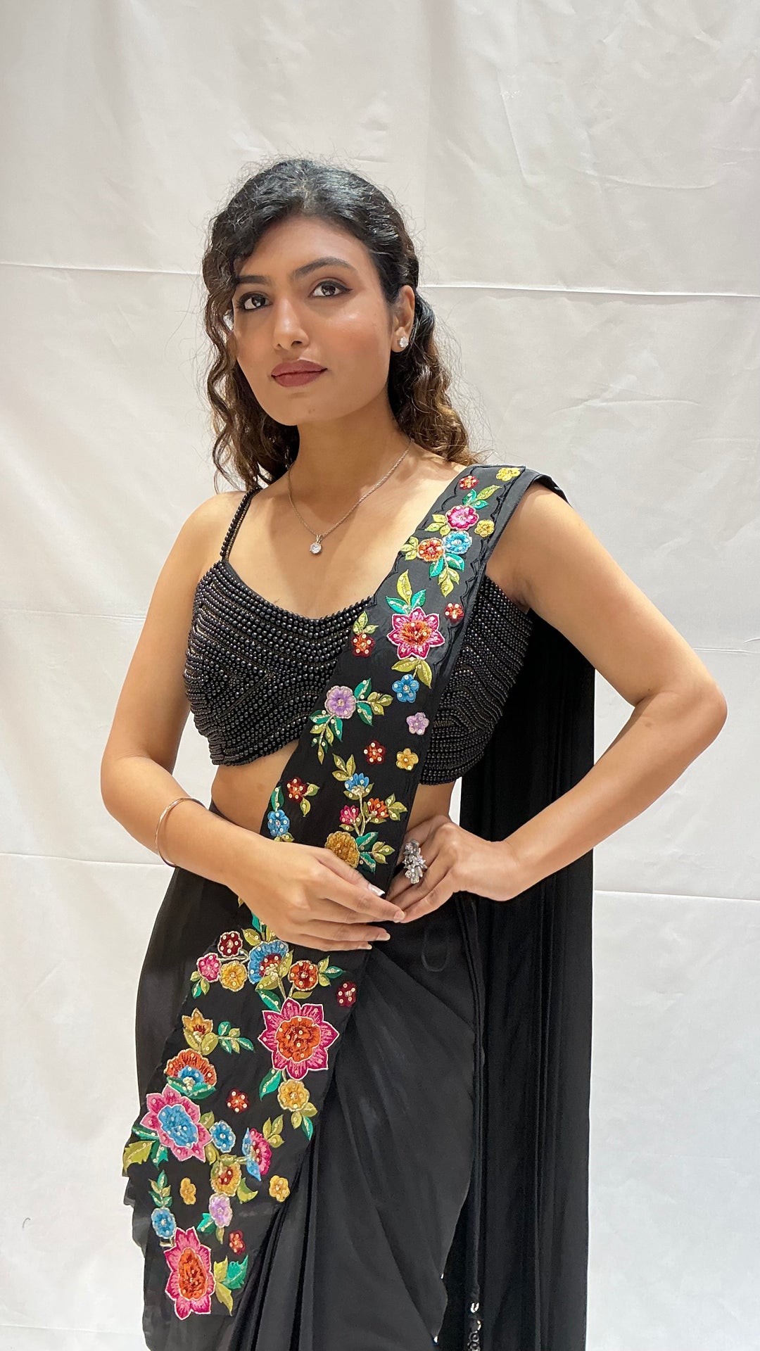 Classic Black Multicolor Floral Embroidered Designer Saree