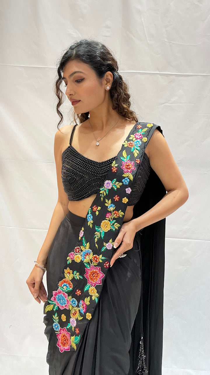 Classic Black Multicolor Floral Embroidered Designer Saree