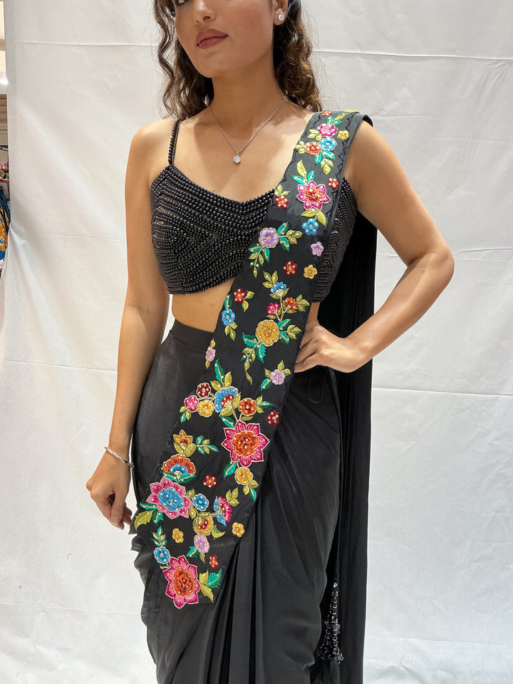Classic Black Multicolor Floral Embroidered Designer Saree
