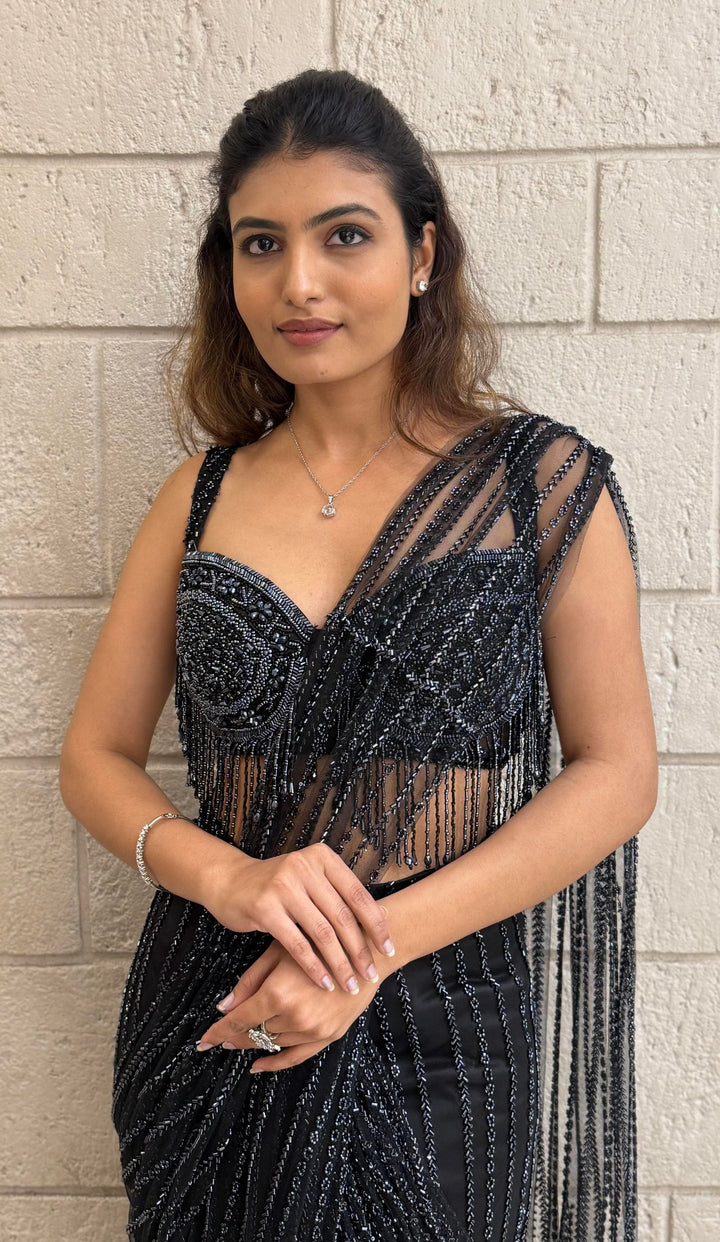 Luxury Black Ready-to-Wear Saree with Sequin Fringe Blouse – Starry Night Edition