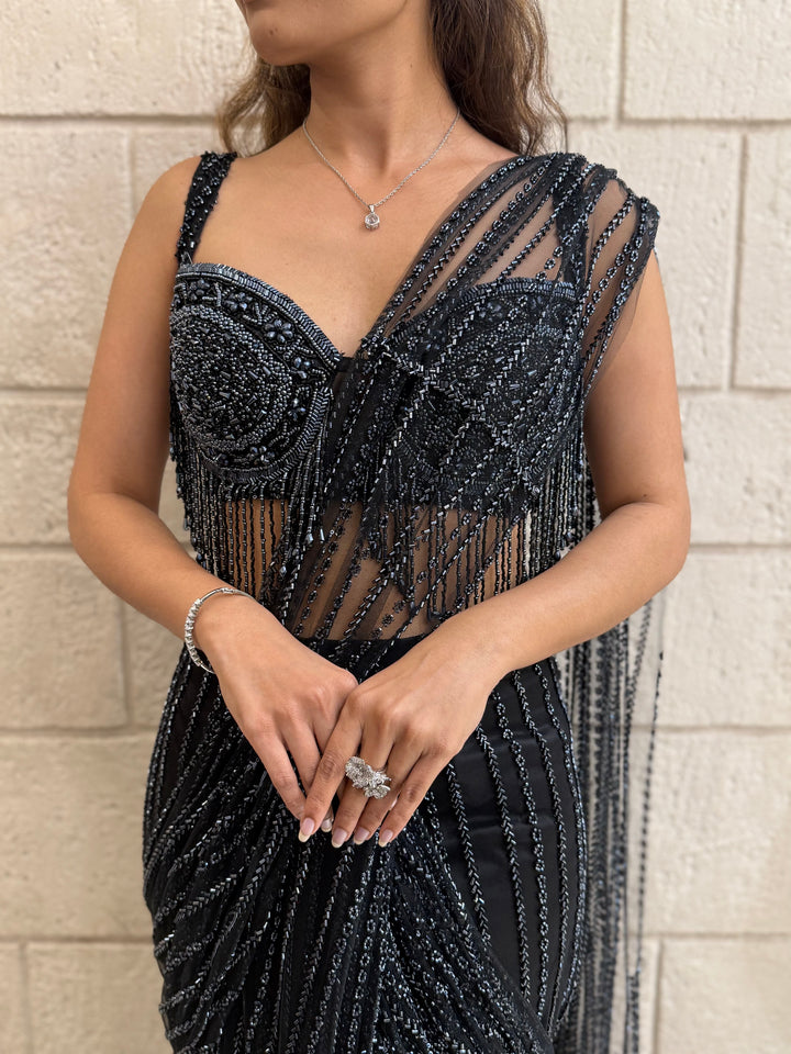 Luxury Black Ready-to-Wear Saree with Sequin Fringe Blouse – Starry Night Edition