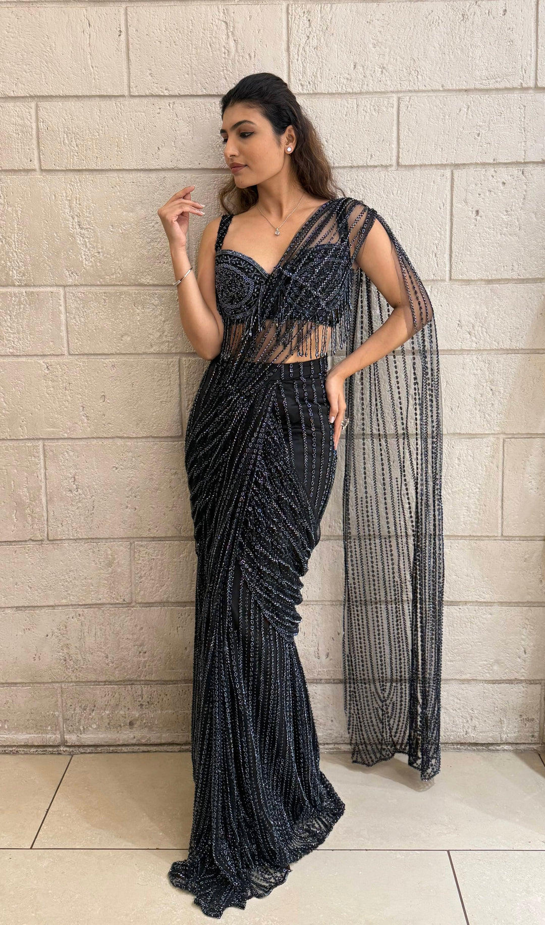 Luxury Black Ready-to-Wear Saree with Sequin Fringe Blouse – Starry Night Edition