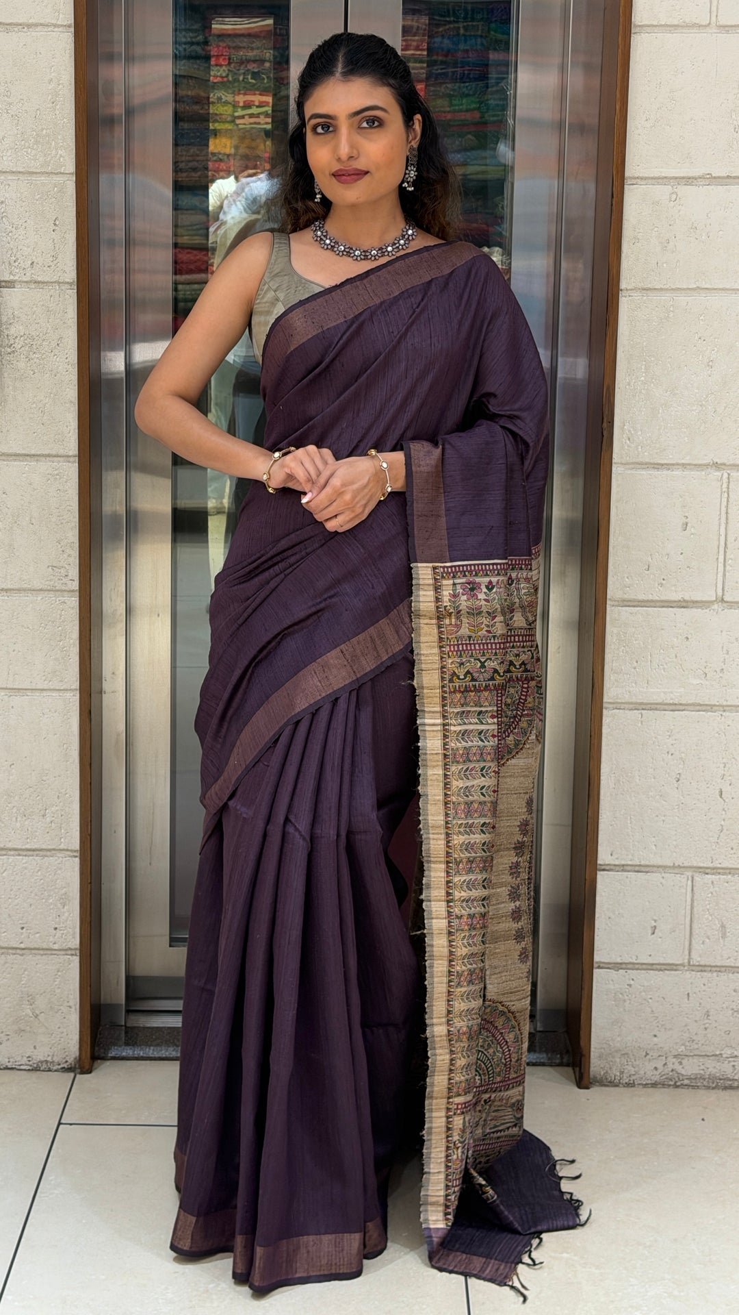 Deep Plum Handloom Saree with Madhubani Art Pallu