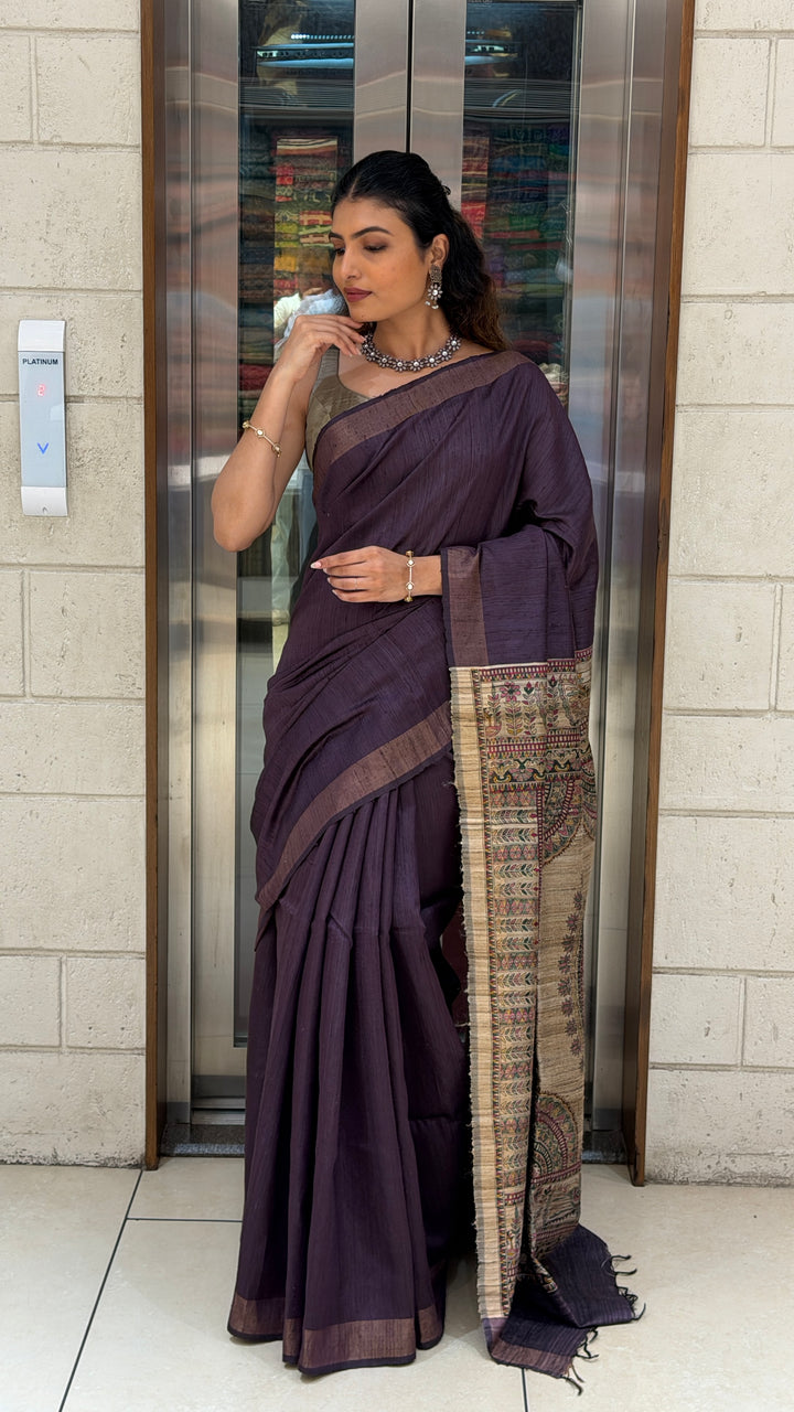 Deep Plum Handloom Saree with Madhubani Art Pallu