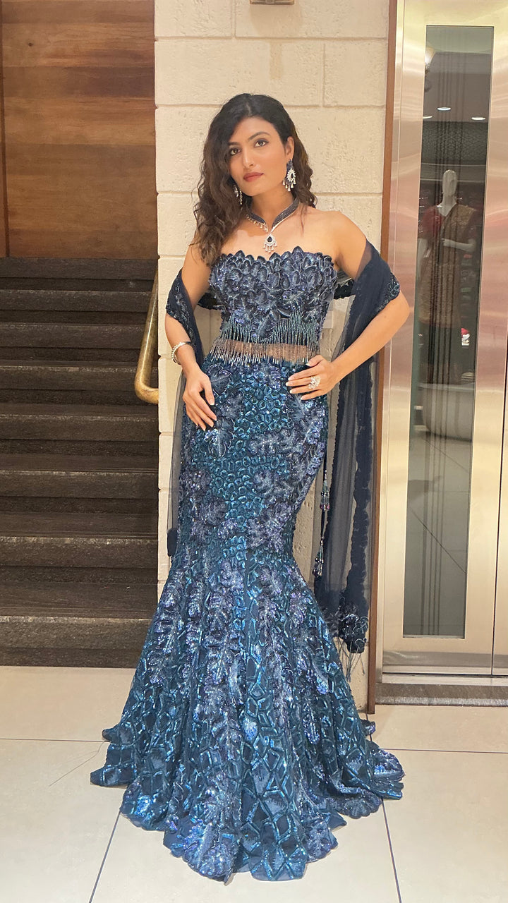 Teal Blue Sequin Designer Heavy Embroidered Bridal Lehenga Set